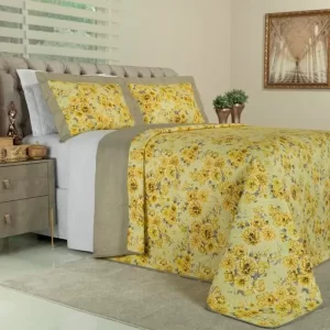 Cobre-leito Casal Bouti de Microfibra Ultrasonic Estampada + 2 Porta-travesseiros - Debora Amarelo - Dui Design