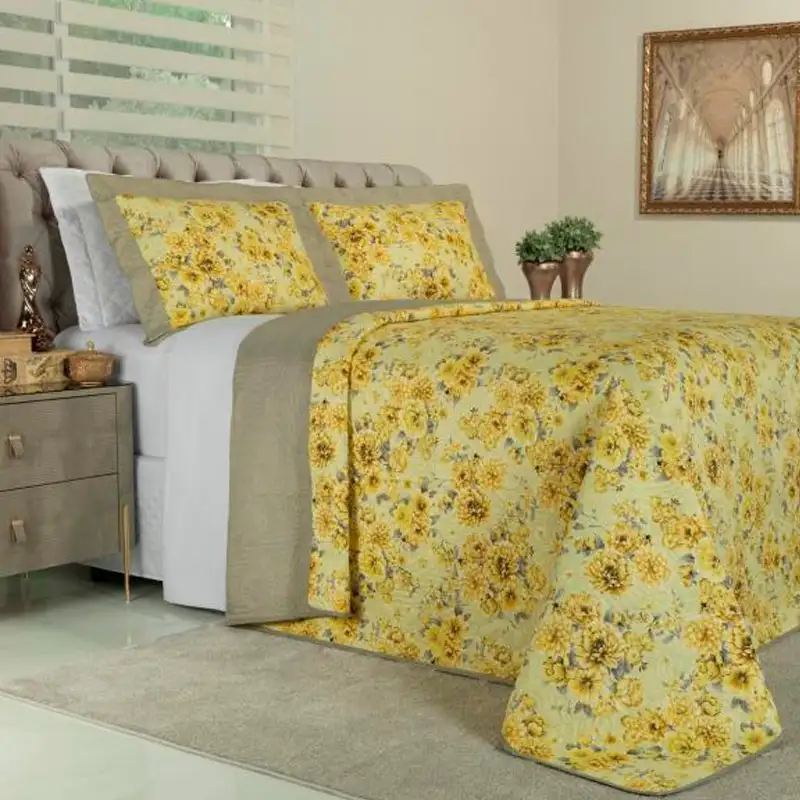 Cobre-leito Casal Bouti de Microfibra Ultrasonic Estampada + 2 Porta-travesseiros - Debora Amarelo - Dui Design