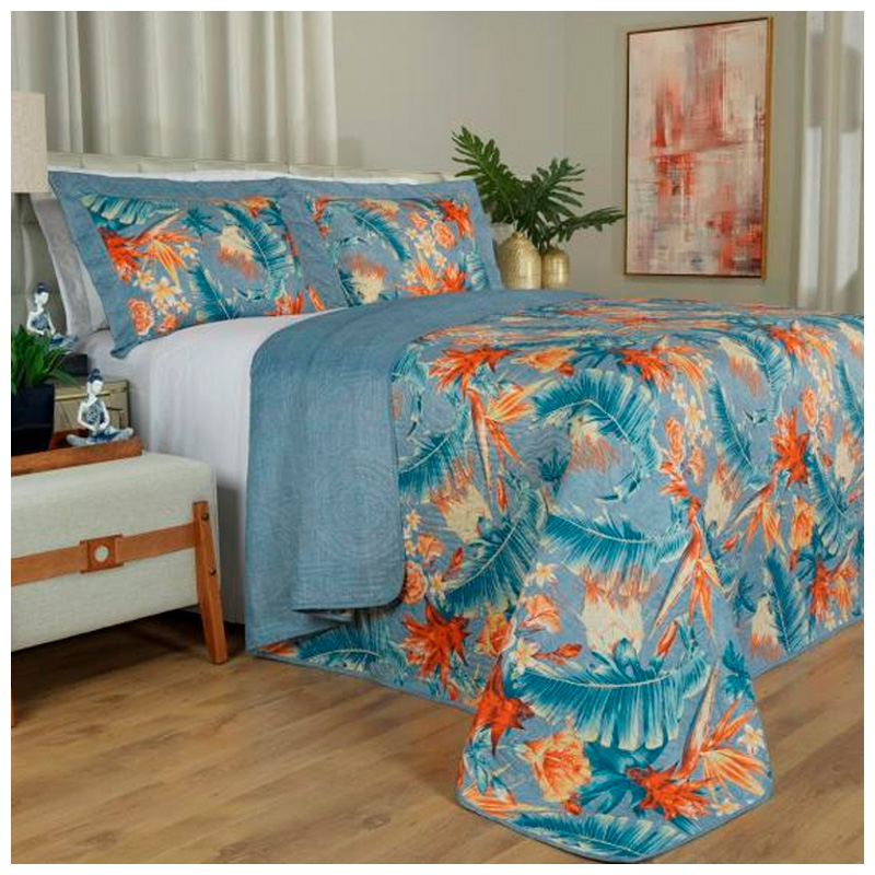 Cobre-leito Casal Bouti de Microfibra Ultrasonic Estampada + 2 Porta-travesseiros - Kauana Indigo - Dui Design