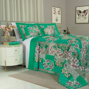 Cobre-leito Casal Bouti de Microfibra Ultrasonic Estampada + 2 Porta-travesseiros - Ines Verde - Dui Design