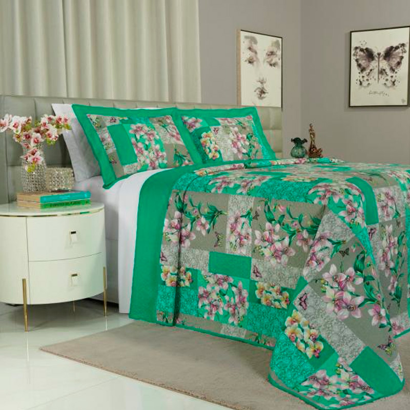 Cobre-leito Casal Bouti de Microfibra Ultrasonic Estampada + 2 Porta-travesseiros - Ines Verde - Dui Design
